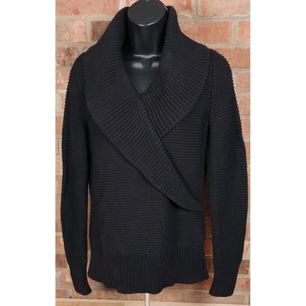 Talbots Black‎ Shawl Collar Faux Wrap Chunky Knit Sweater Womens Small NEW